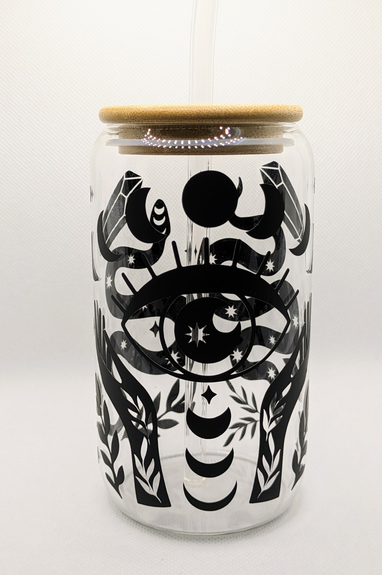 Taza de cristal Witchy con tapa de bambú y pajita de cristal