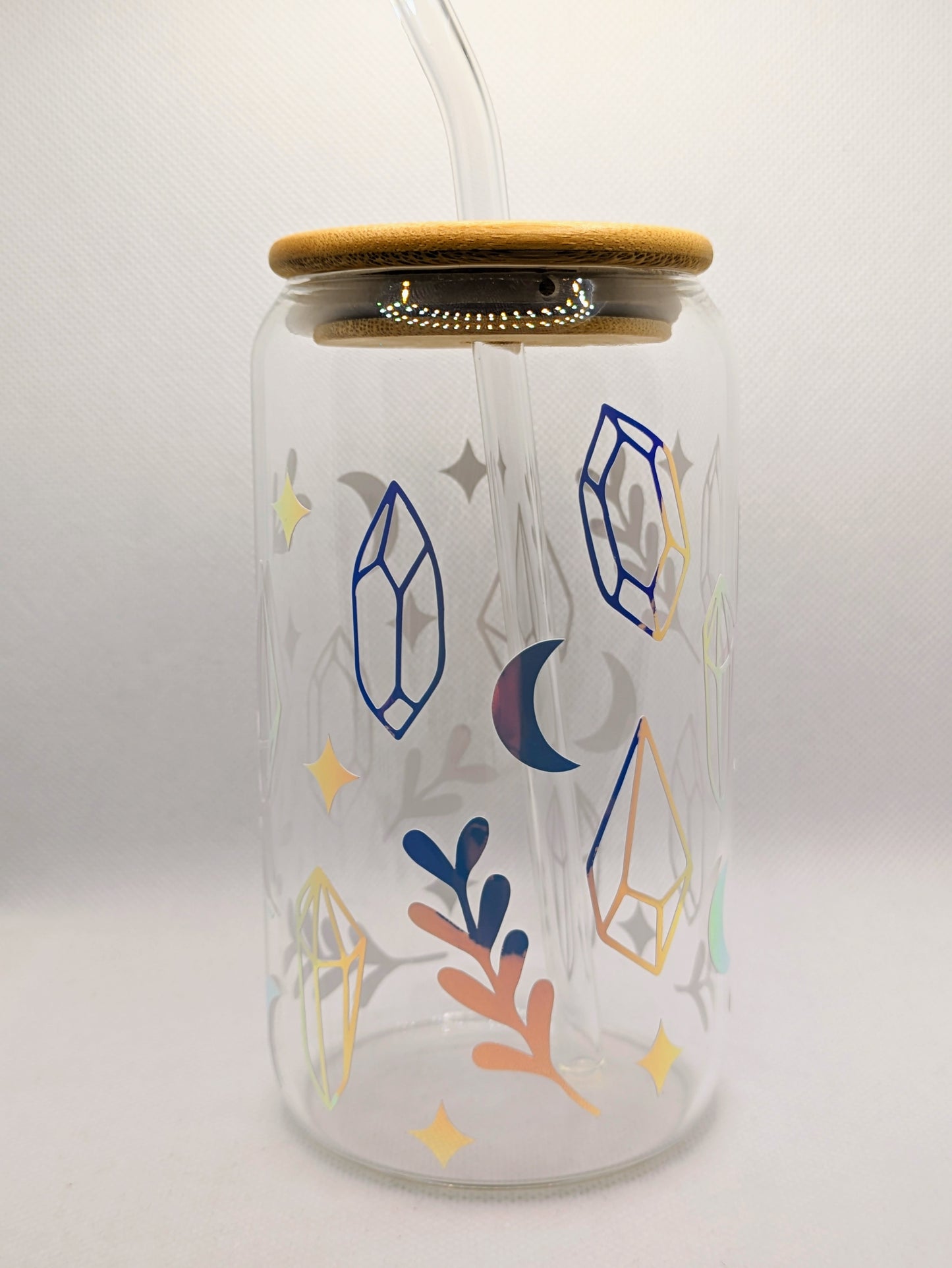 Vaso de cristal holográfico con tapa de bambú y pajita de cristal