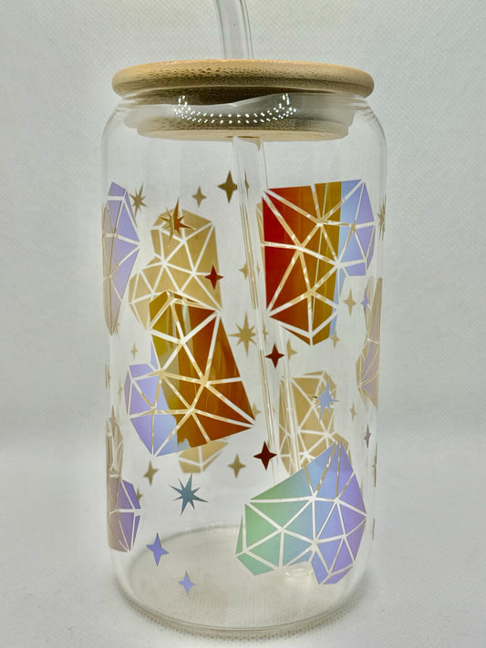 Taza de vidrio holográfica Crystal Hearts con tapa de bambú y pajita de vidrio