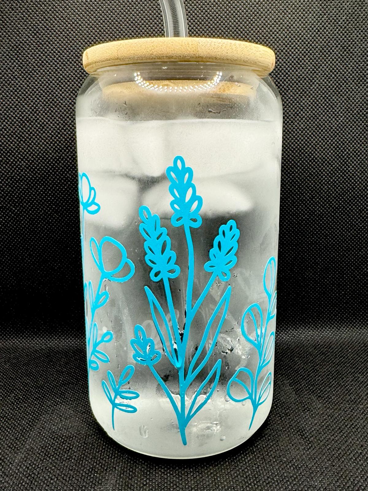 Taza de vidrio Garden Flowers con tapa de bambú y pajita de vidrio