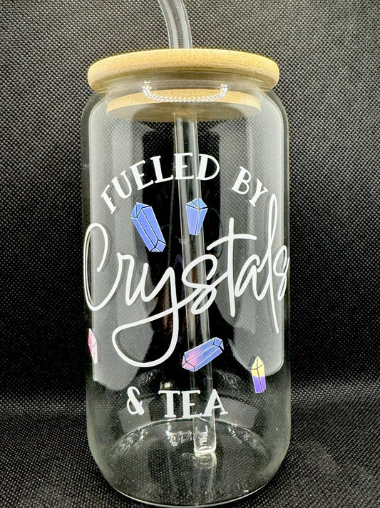 Impulsado por Crystals & Tea Taza de vidrio con tapa de bambú y pajita de vidrio