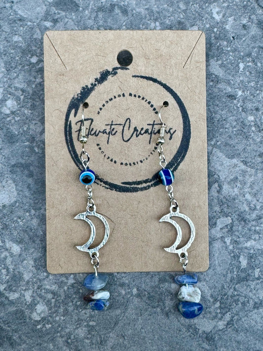Sodalite + Crescent Moon + Evil Eye Earrings