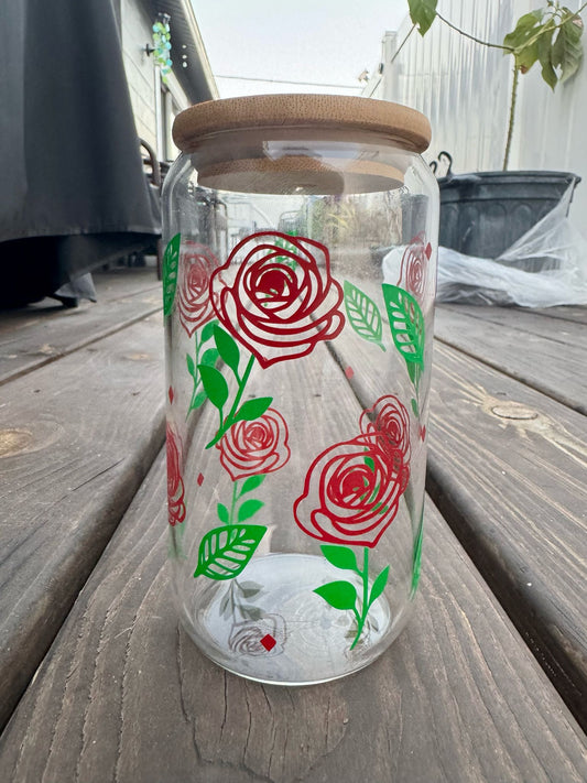 Rose Garden Glass Cup with Bamboo Lid & Glass Straw