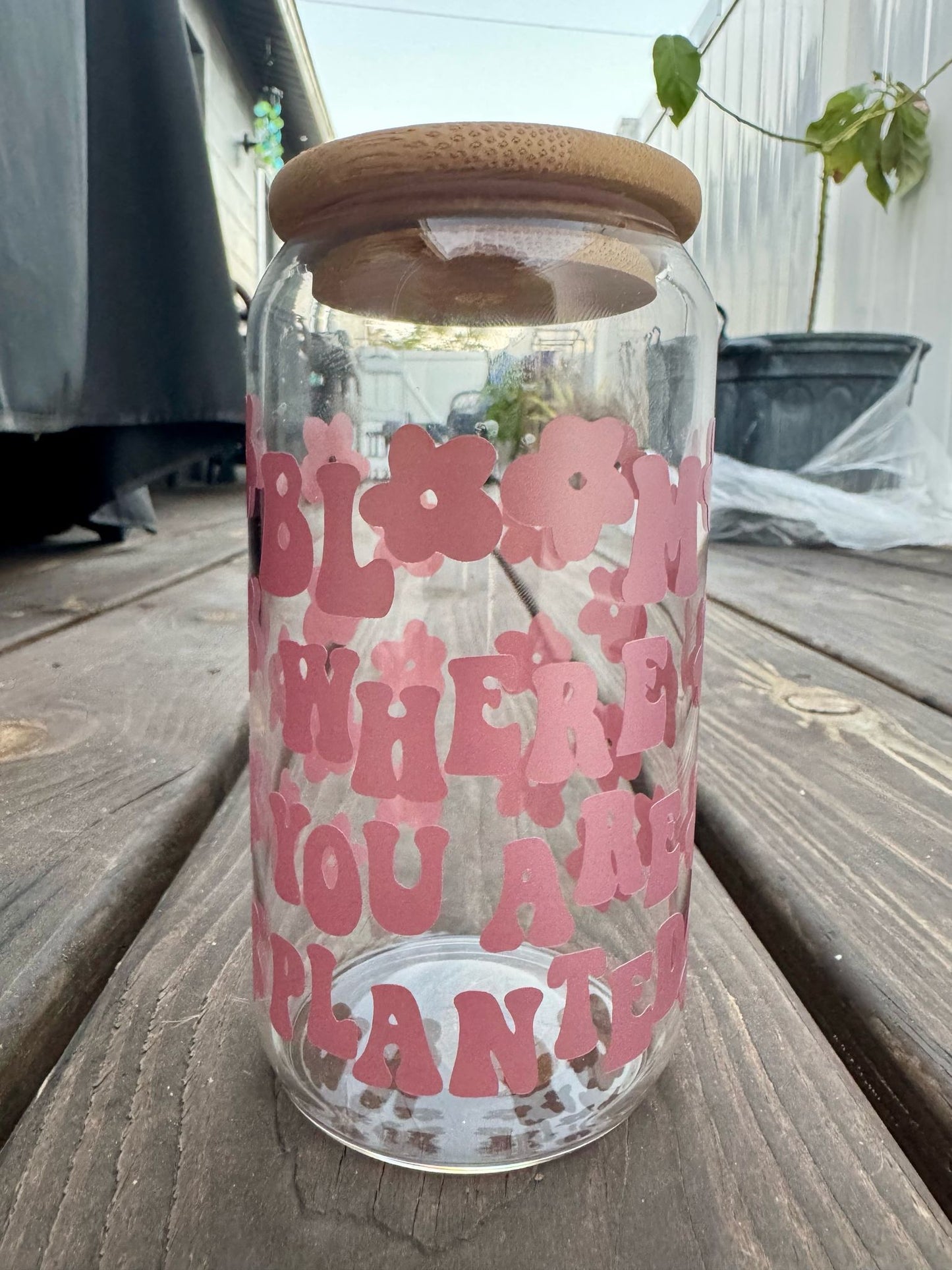 Bloom Where You Are Planted Glass Cup with Bamboo Lid & Glass Straw