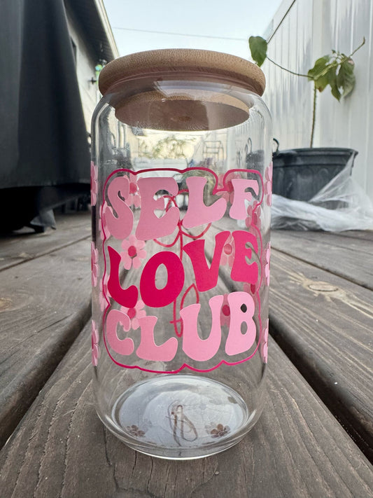 Self Love Club Glass Cup with Bamboo Lid & Glass Straw