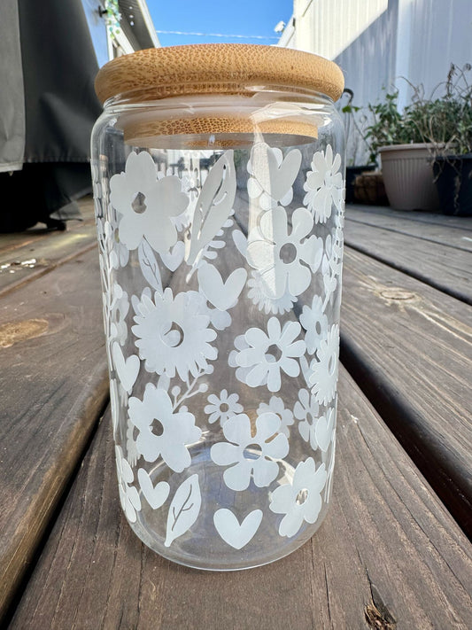 Color Changing Flowers Glass Cup with Bamboo Lid & Glass Straw