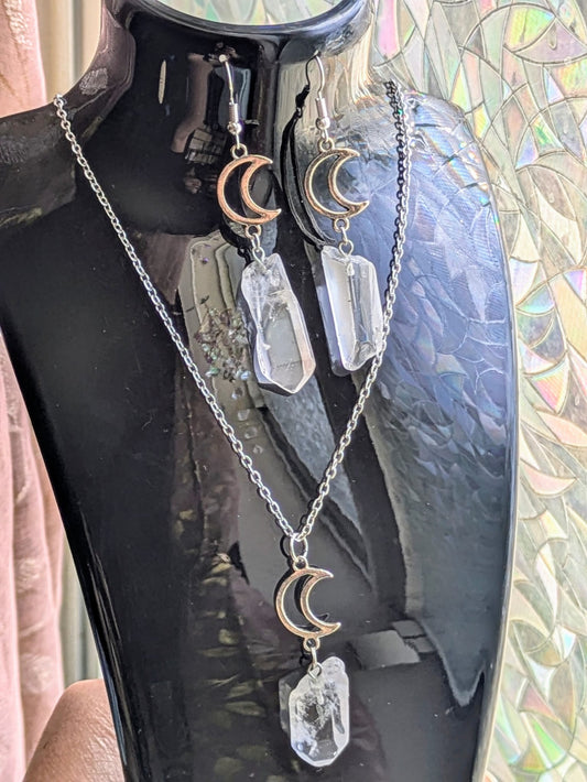 Clear Quartz Crescent Moon Earring & Necklace Set