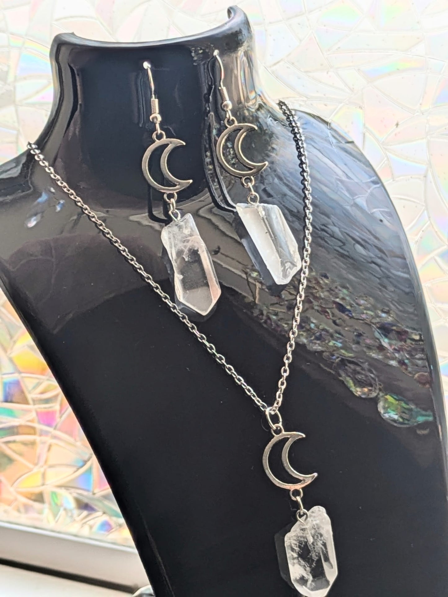 Clear Quartz Crescent Moon Earring & Necklace Set