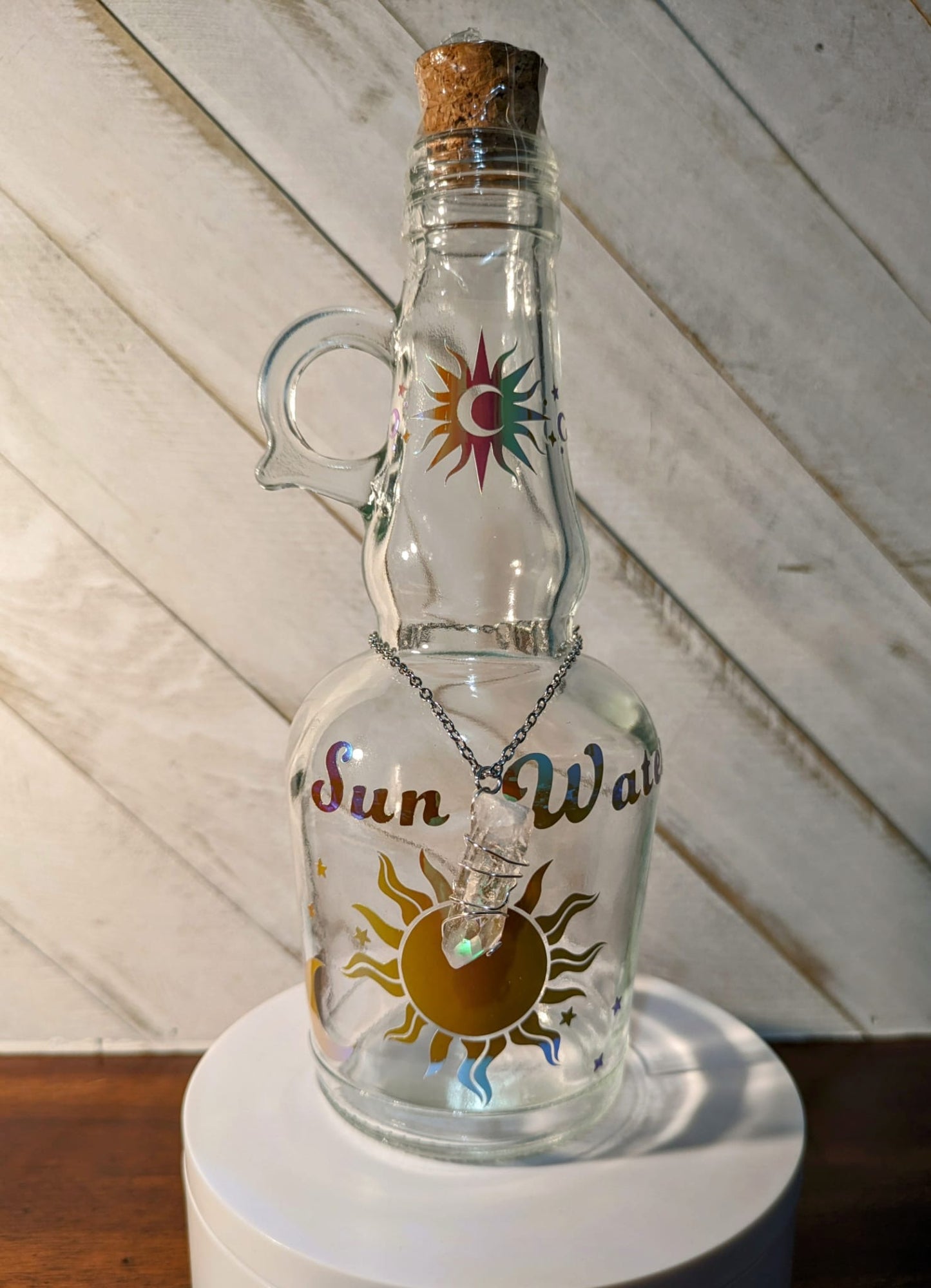 Sun Water Glass Bottle with Clear Quartz Charm