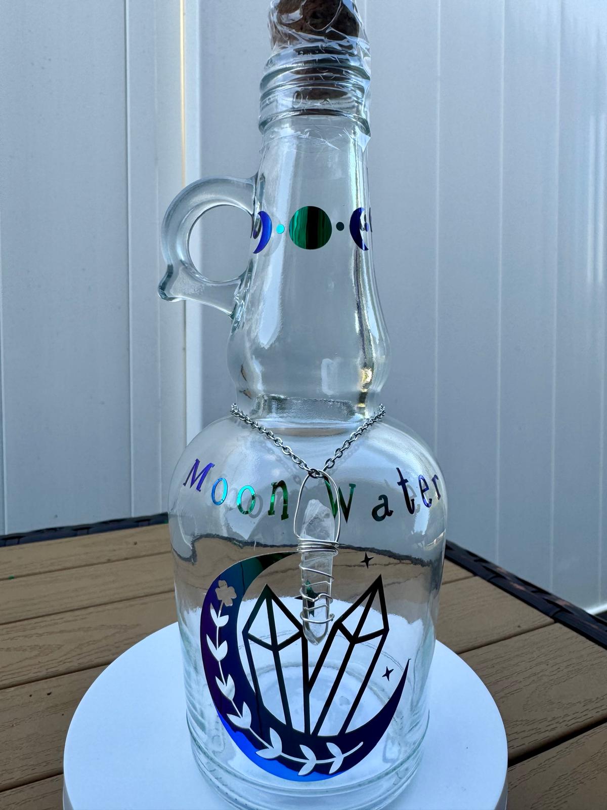 Moon Water Glass Bottle with Clear Quartz Charm