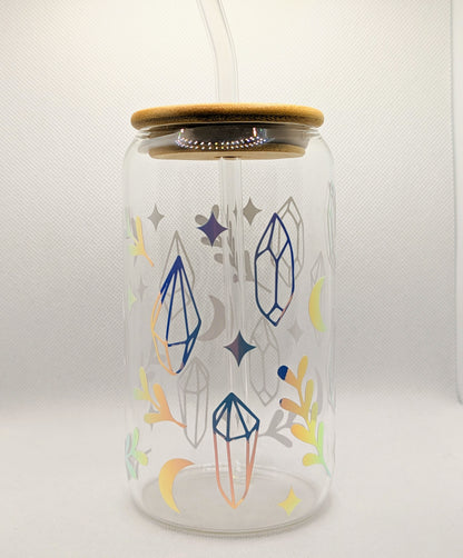 Crystal Holographic Glass Cup with Bamboo Lid & Glass Straw