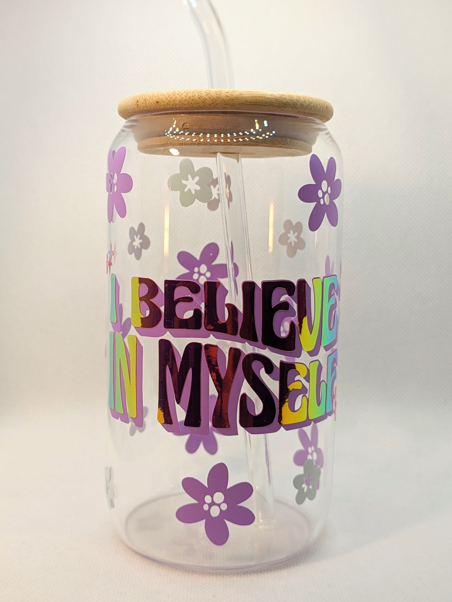 "I Believe In Myself" Affirmation Glass Cup with Bamboo Lid & Glass Straw