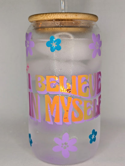 "I Believe In Myself" Affirmation Glass Cup with Bamboo Lid & Glass Straw