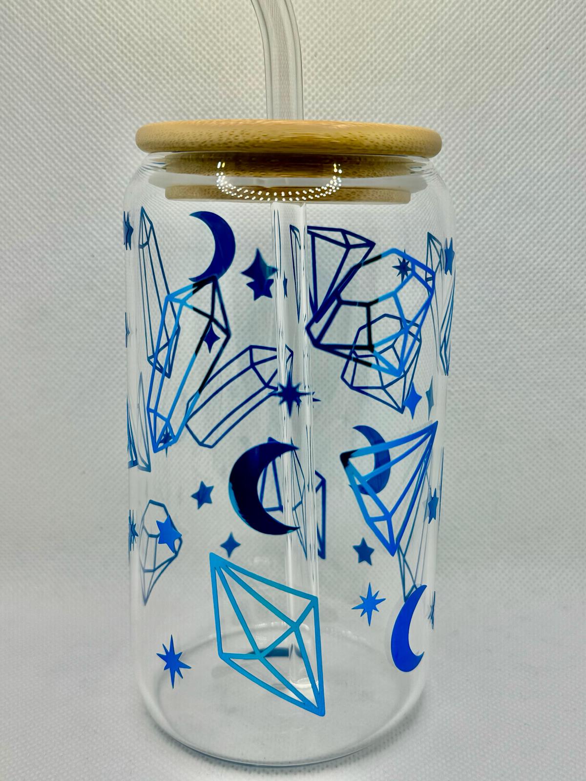 Whimsical Holographic Glass Cup with Bamboo Lid & Glass Straw