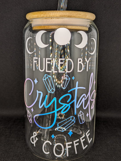 Fueled by Crystals & Coffee Glass Cup with Bamboo Lid & Glass Straw