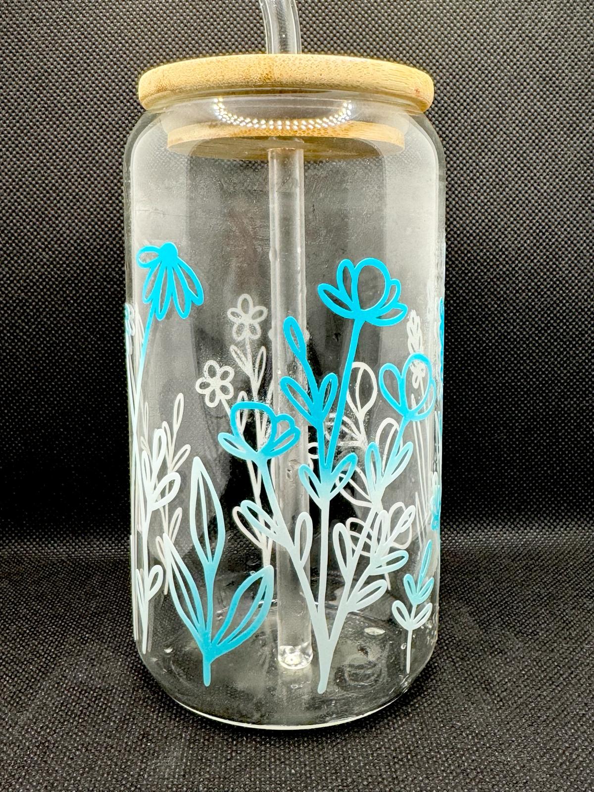 Garden Flowers Glass Cup with Bamboo Lid & Glass Straw