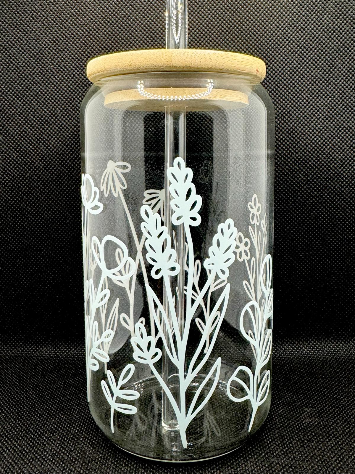 Garden Flowers Glass Cup with Bamboo Lid & Glass Straw