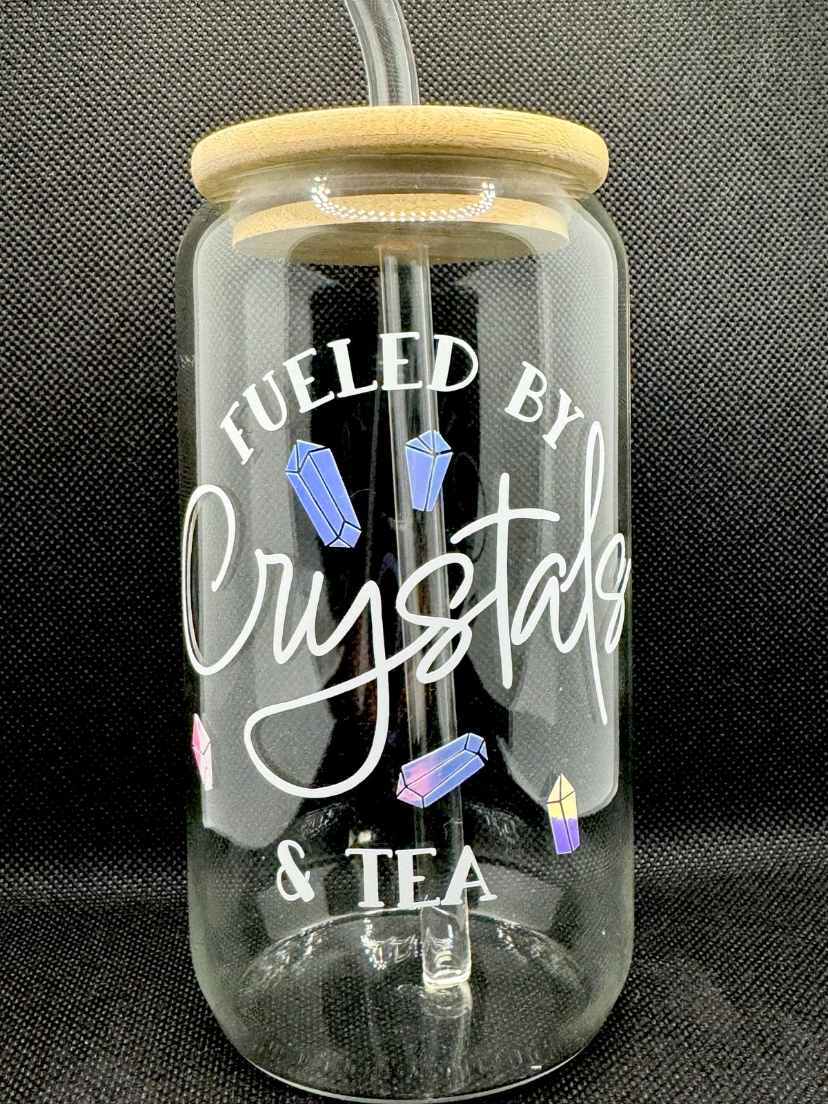 Fueled by Crystals & Tea Glass Cup with Bamboo Lid & Glass Straw