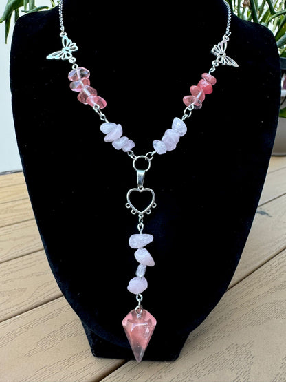 Butterfly & Heart Necklace with Cherry / Rose Quartz Chips + Pendulum