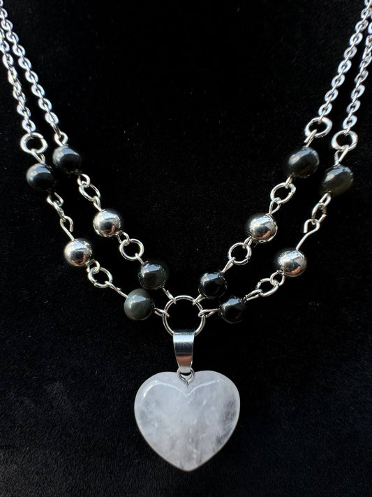 Layered Necklace with Heart-Shaped Clear Quartz Charm & Rainbow Obsidian Beads