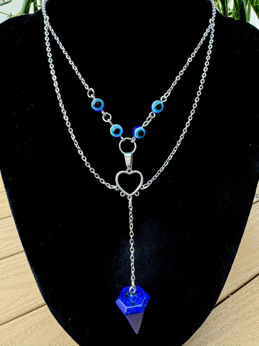 Layered Evil Eye Beads Necklace with Heart Charm + Lapis Lazuli Pendulum