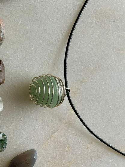 Green Aventurine | Silver Spiral Bead Cage Necklace