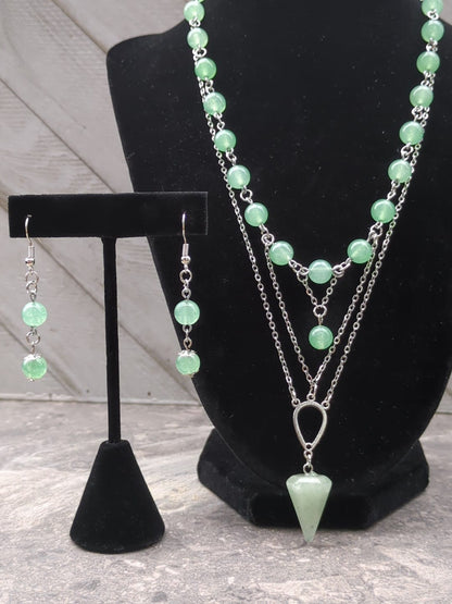 Green Aventurine Pendulum Necklace with Earrings