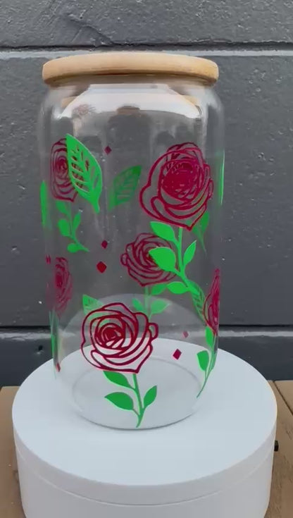 Rose Garden Glass Cup with Bamboo Lid & Glass Straw