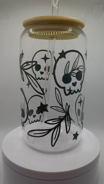 Black Skulls Glass Cup with Bamboo Lid & Glass Straw